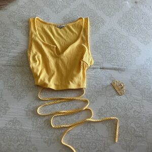 Yellow Ribbed Lace-Up Crop Tank Top - Women